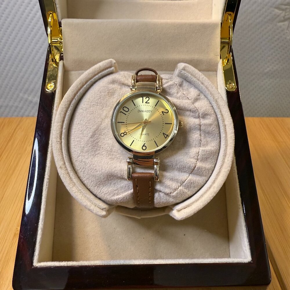 Embassy Ladies' Gold/Brown Leather Watch EM4077L, 32mm NWOT